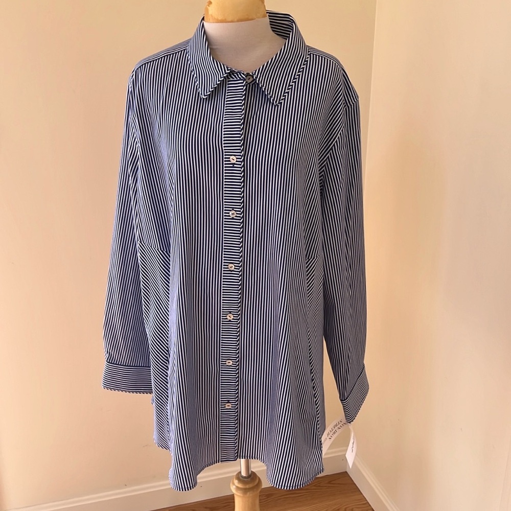 New! Foxcroft NYC plus size 22W blue striped front button non iron shirt.